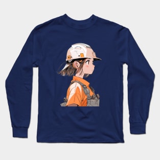 Construction Worker Girl Original Illustration in Anime Style T-Shirt Long Sleeve T-Shirt